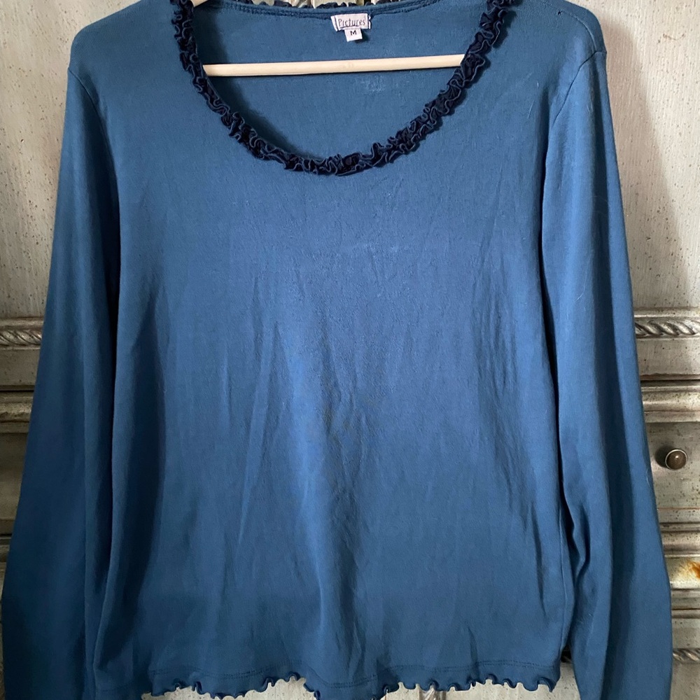 Teal Ruffled long sleeve 100% cotton top with 100% rayon trim